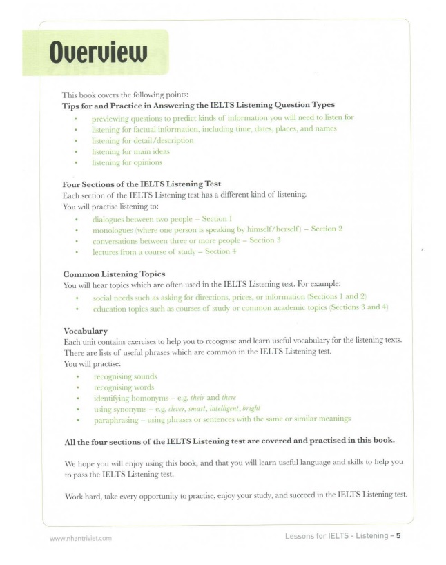 Nội dung Lessons For IELTS Listening [PDF+Audio] Miễn Phí